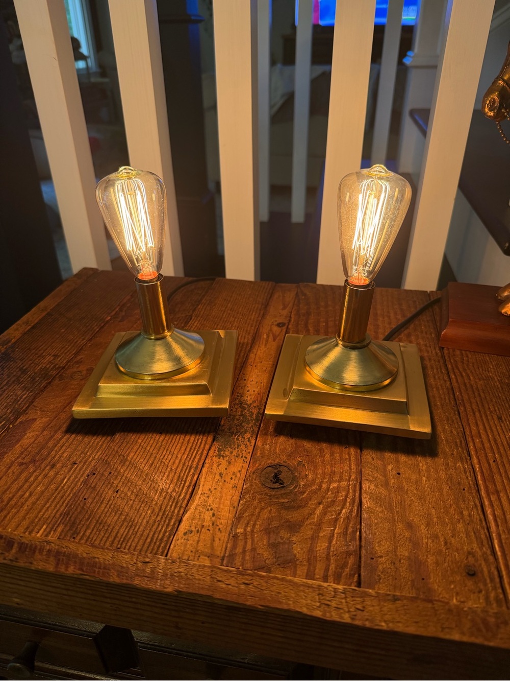 Pair of Unique Industrial-Chic Brass Edison Bulb Small Table Lamps